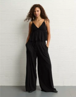 AE Sunchaser Knit Crochet Babydoll Cami True Black