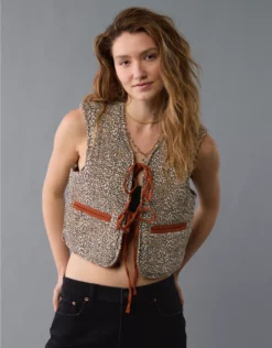 AE Reversible Leopard Tie Front Quilted Vest Brown