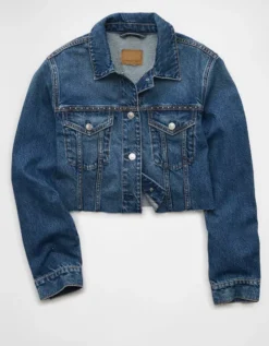 AE Cropped Studded Denim Jacket Medium Wash -American Eagle Fashion 0383 3664 936 f