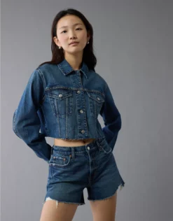 AE Cropped Studded Denim Jacket Medium Wash
