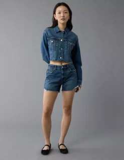 AE Cropped Studded Denim Jacket Medium Wash -American Eagle Fashion 0383 3664 936 os