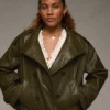 AE Faux Leather Cropped Trench Jacket Olive
