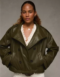 AE Faux Leather Cropped Trench Jacket Olive