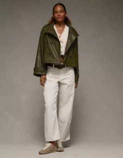 AE Faux Leather Cropped Trench Jacket Olive -American Eagle Fashion 0383 3686 309 os