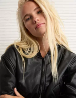 AE Faux Leather Cropped Bomber Jacket Bold Black -American Eagle Fashion 0383 3687 064 d2