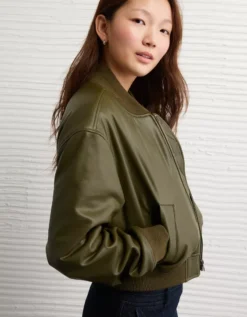 AE Faux Leather Cropped Bomber Jacket Olive -American Eagle Fashion 0383 3687 309 d2