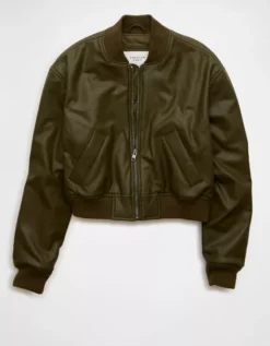 AE Faux Leather Cropped Bomber Jacket Olive -American Eagle Fashion 0383 3687 309 f