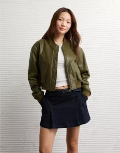 AE Faux Leather Cropped Bomber Jacket Olive