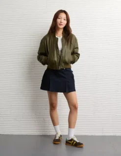 AE Faux Leather Cropped Bomber Jacket Olive -American Eagle Fashion 0383 3687 309 os