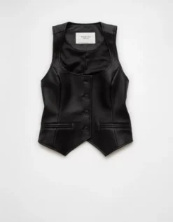 AE Vegan Leather Square Neck Waistcoat Black -American Eagle Fashion 0383 3755 001 f