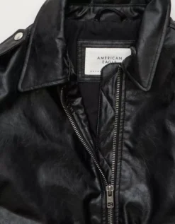 AE Oversized Vegan Leather Bomber Jacket Black -American Eagle Fashion 0387 3688 001 d1