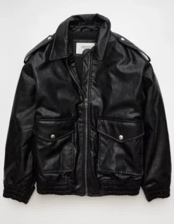 AE Oversized Vegan Leather Bomber Jacket Black -American Eagle Fashion 0387 3688 001 f