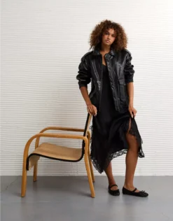 AE Oversized Vegan Leather Bomber Jacket Black