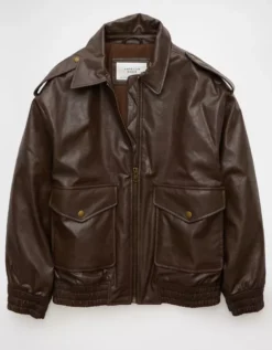 AE Oversized Vegan Leather Bomber Jacket Brown -American Eagle Fashion 0387 3688 200 f