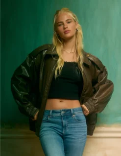 AE Oversized Vegan Leather Bomber Jacket Brown