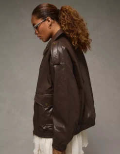 AE Oversized Vegan Leather Bomber Jacket Brown -American Eagle Fashion 0387 3688 200 os