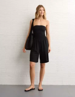 AE Strapless Smocked V-Waist Romper Black -American Eagle Fashion 0390 9059 001 os