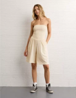 AE Strapless Smocked V-Waist Romper Cream