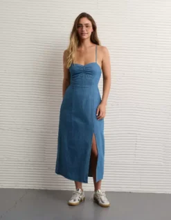 AE Catie Corset Column Midi Dress Dark Wash -American Eagle Fashion 0390 9312 896 l2