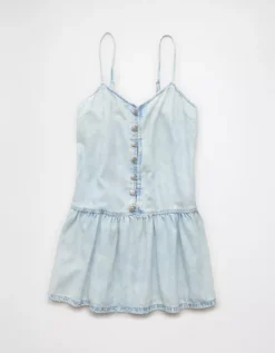 AE V-Neck Button-Up Denim Mini Dress Acid Wash -American Eagle Fashion 0395 8376 764 f