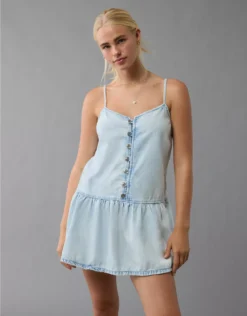 AE V-Neck Button-Up Denim Mini Dress Acid Wash