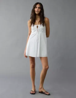 AE Tie Front Mini Dress Cream -American Eagle Fashion 0395 8498 106 os