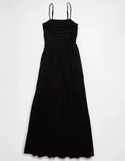 AE Sunchaser Knit Smocked Bodice Midi Dress Black -American Eagle Fashion 0395 8578 001 b