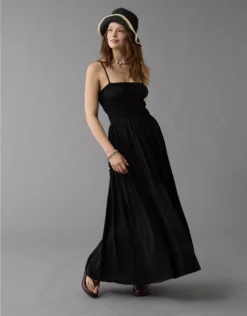 AE Sunchaser Knit Smocked Bodice Midi Dress Black