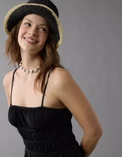 AE Sunchaser Knit Smocked Bodice Midi Dress Black -American Eagle Fashion 0395 8578 001 os