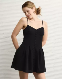 AE Sweetheart Button-Up Mini Dress Black -American Eagle Fashion 0395 8598 001 os