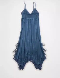 AE Handkerchief Hem Tie Side Midi Slip Dress Navy -American Eagle Fashion 0395 8611 410 b