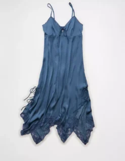 AE Handkerchief Hem Tie Side Midi Slip Dress Navy -American Eagle Fashion 0395 8611 410 f
