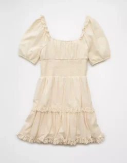 AE Puff Sleeve Smocked Tiered Mini Dress Cream -American Eagle Fashion 0395 8616 106 b