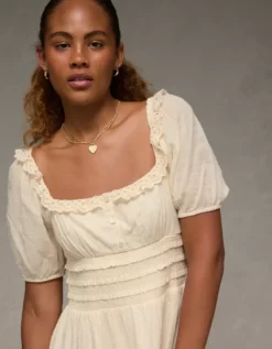 AE Puff Sleeve Smocked Tiered Mini Dress Cream -American Eagle Fashion 0395 8616 106 d2