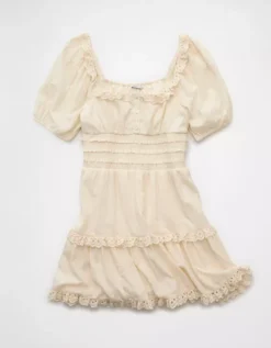 AE Puff Sleeve Smocked Tiered Mini Dress Cream -American Eagle Fashion 0395 8616 106 f