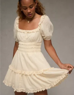 AE Puff Sleeve Smocked Tiered Mini Dress Cream