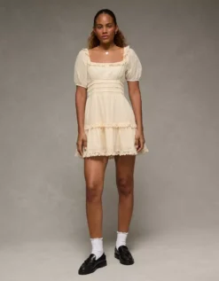 AE Puff Sleeve Smocked Tiered Mini Dress Cream -American Eagle Fashion 0395 8616 106 os