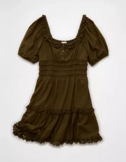 AE Puff Sleeve Smocked Tiered Mini Dress Briar -American Eagle Fashion 0395 8616 348 f