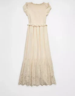 AE Scoop Neck Smocked Midi Dress Cream -American Eagle Fashion 0395 8634 106 b