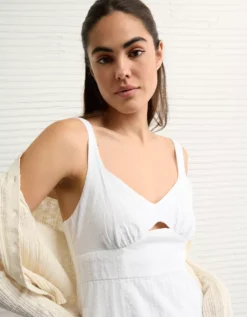 AE Linen-Blend Cut-Out Mini Dress Ecru Denim -American Eagle Fashion 0395 8686 154 os