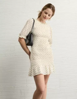 AE Puff Sleeve Smocked Mini Dress Cream -American Eagle Fashion 0395 8689 106 os