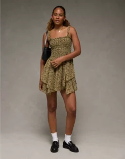 AE Handkerchief Hem Ruffle Floral Mini Dress Yellow