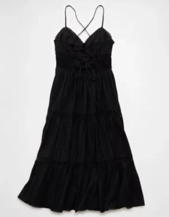 AE V-Neck Lace Tiered Maxi Dress Black -American Eagle Fashion 0395 8784 001 b