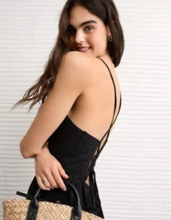 AE V-Neck Lace Tiered Maxi Dress Black -American Eagle Fashion 0395 8784 001 os