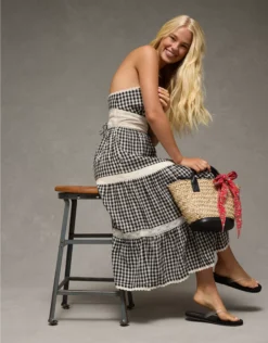 AE V-Neck Lace Tiered Maxi Dress True Black