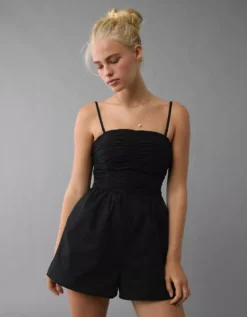 AE Strapless Ruched Bodice Romper Black -American Eagle Fashion 0397 8480 001 os