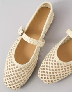 AE Raffia Mesh Mary Jane Flats Bone Khaki