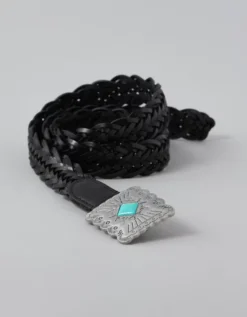 AE Braided Plaque Belt Black -American Eagle Fashion 0423 8099 001 f