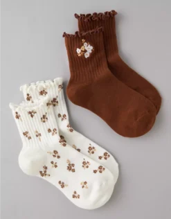 AE Floral Cropped Crew Socks 2-Pack Brown