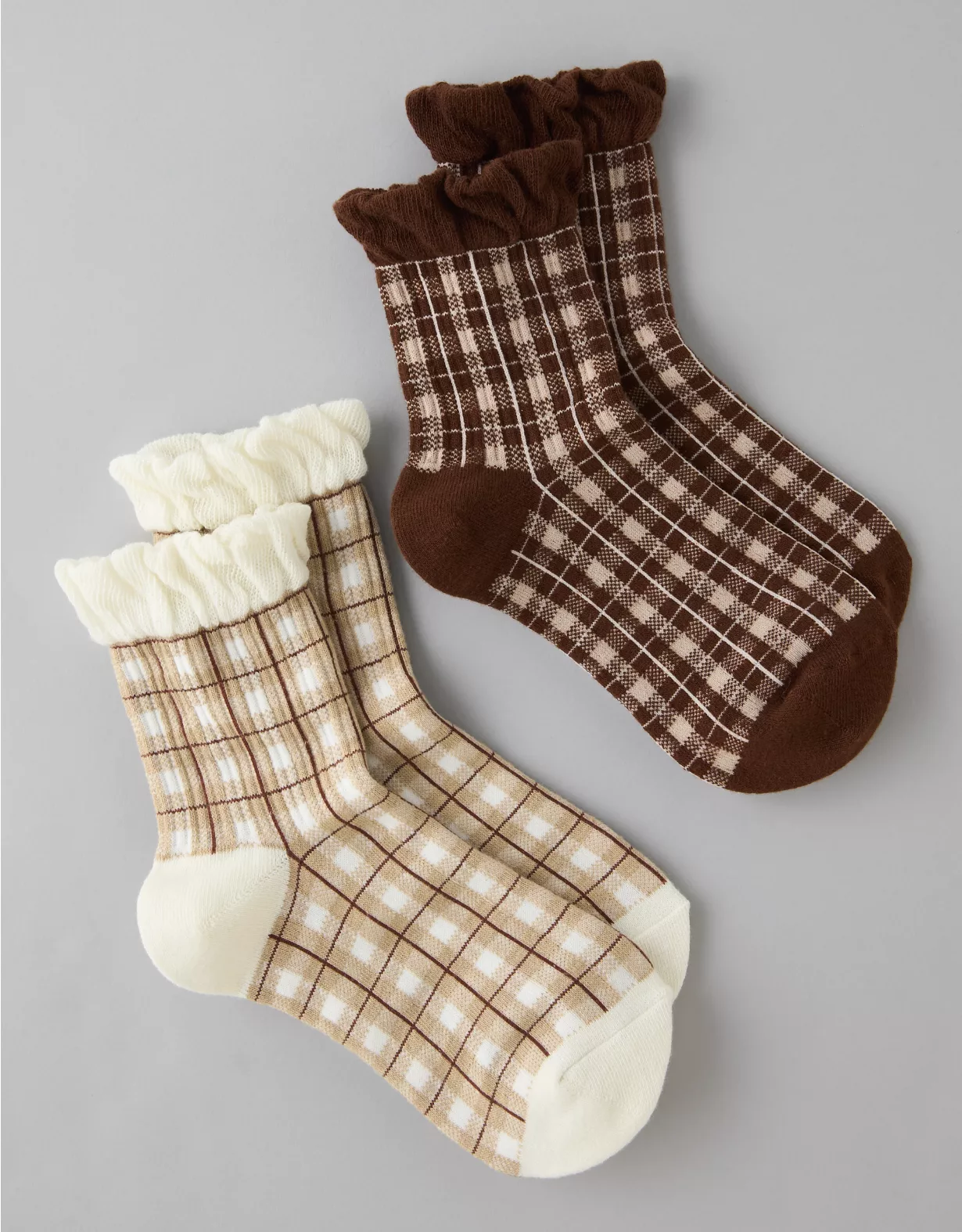 AE Plaid Ruffle Cropped Crew Socks 2-Pack Medium Brown 2 AE Plaid Ruffle Cropped Crew Socks 2-Pack Medium Brown - Image 2